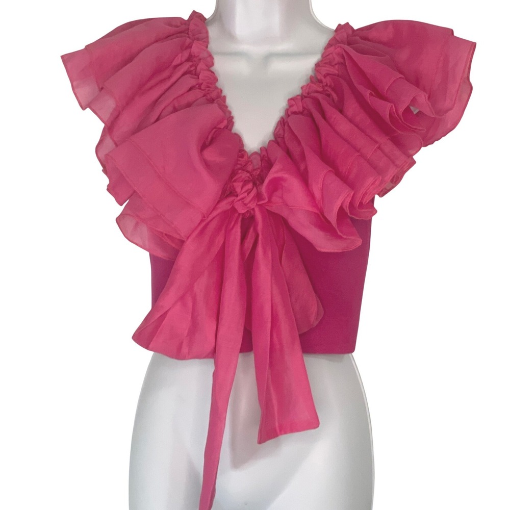 Cloud Ten Women Top Ruffle Bow Tie S Hot Pink Barbiecore Coquette Romantic Glam